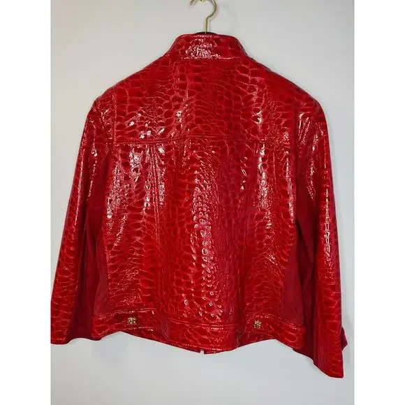 VTG St. John By Marie Gray Red Leather Women's Jacket Crocodile Embossed Sz 14